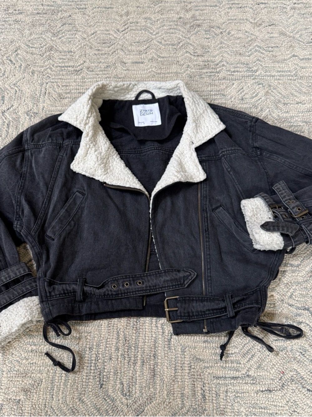 Zara Black Denim Jacket with White Sherpa Collar